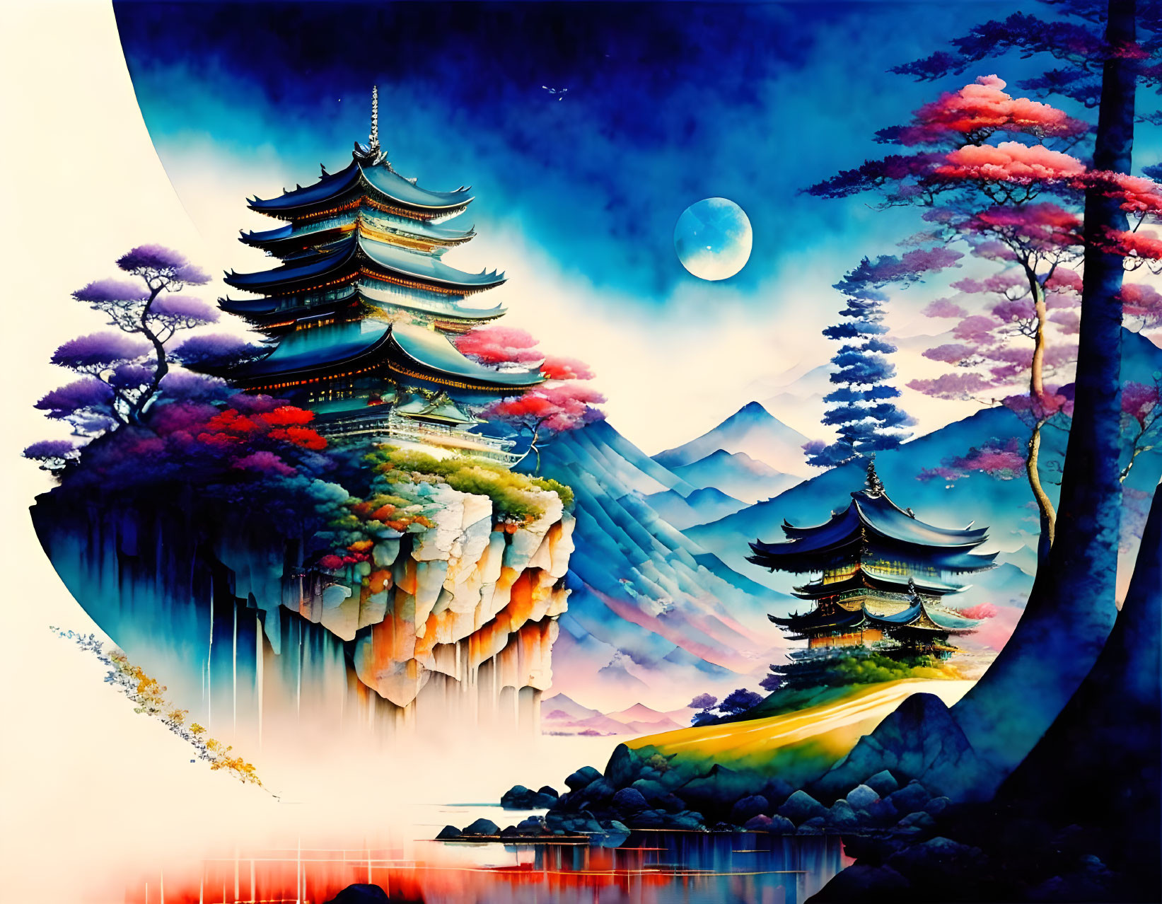 Fantasy landscape with pagodas on floating islands and colorful scenery