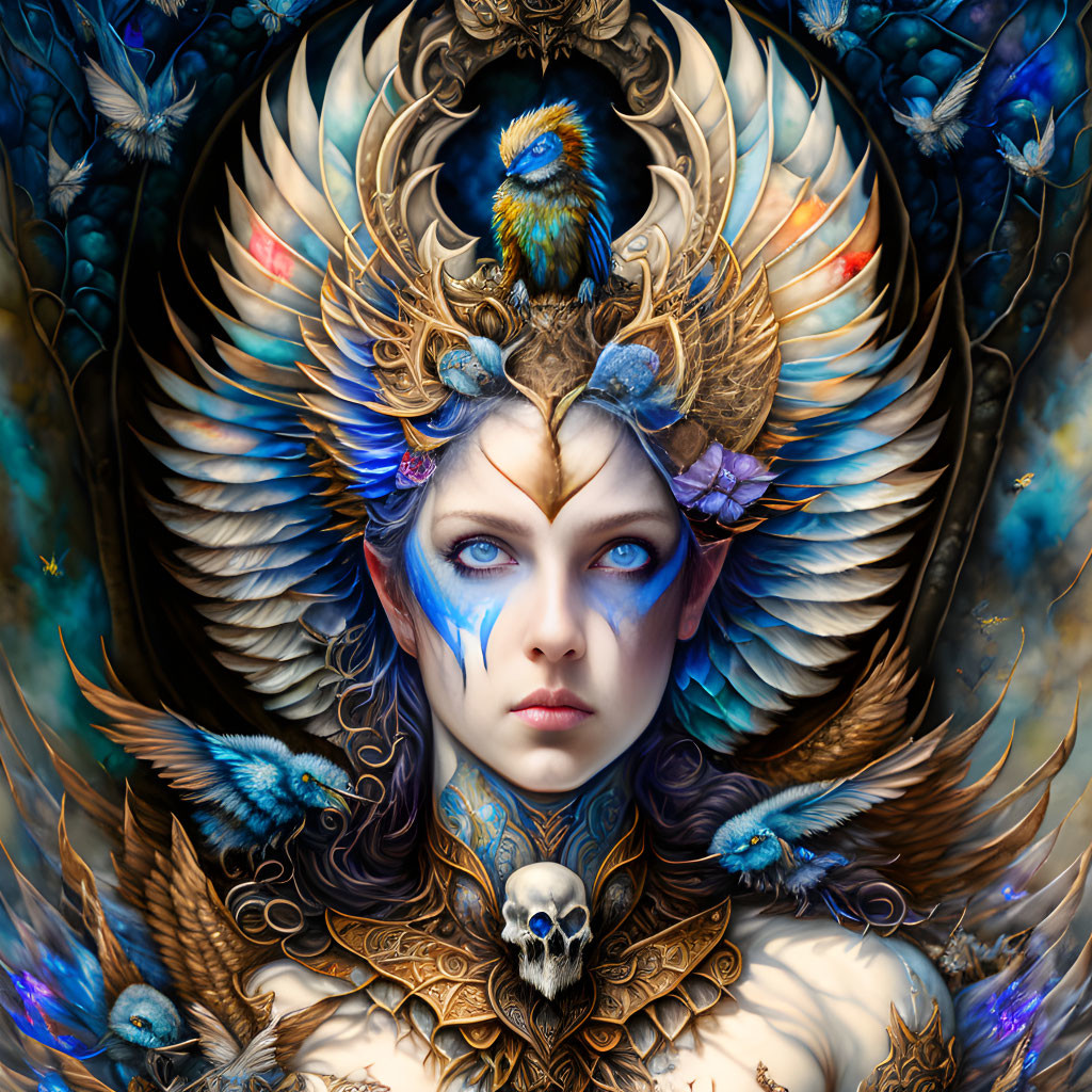 Detailed digital artwork: female figure with blue eyes, feathers, birds, skull, and ornate golden