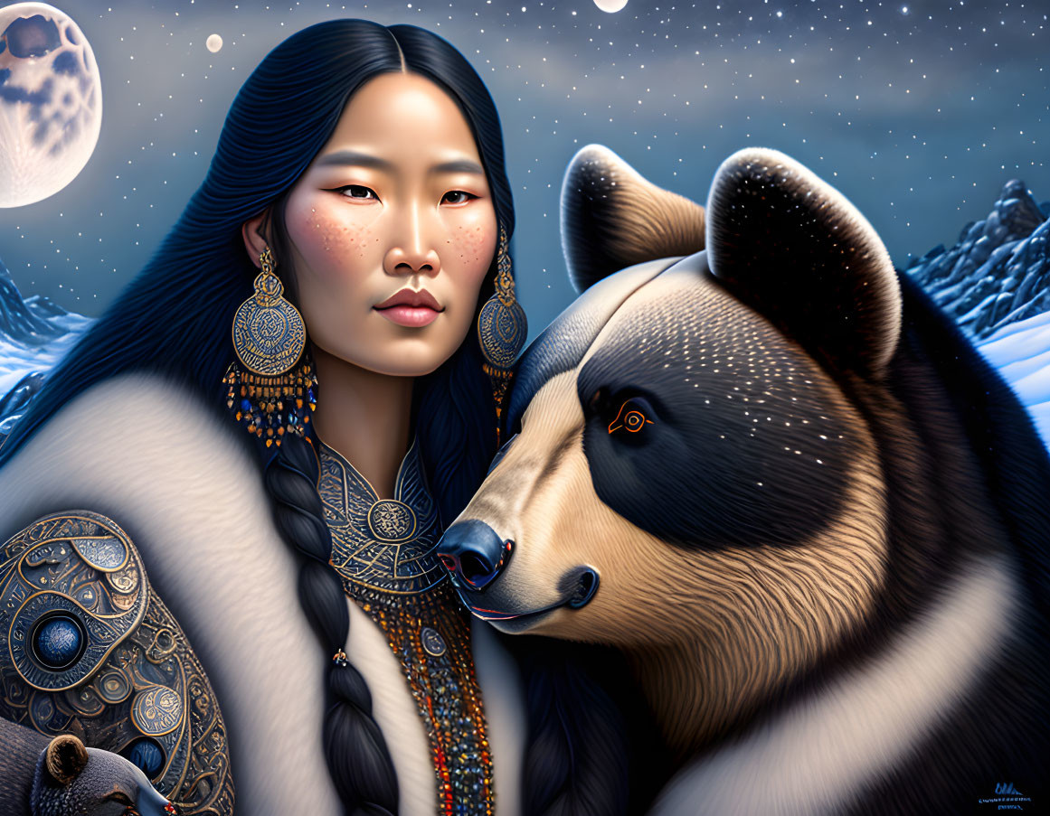 Illustrated portrait of woman and bear with traditional jewelry under moonlit sky