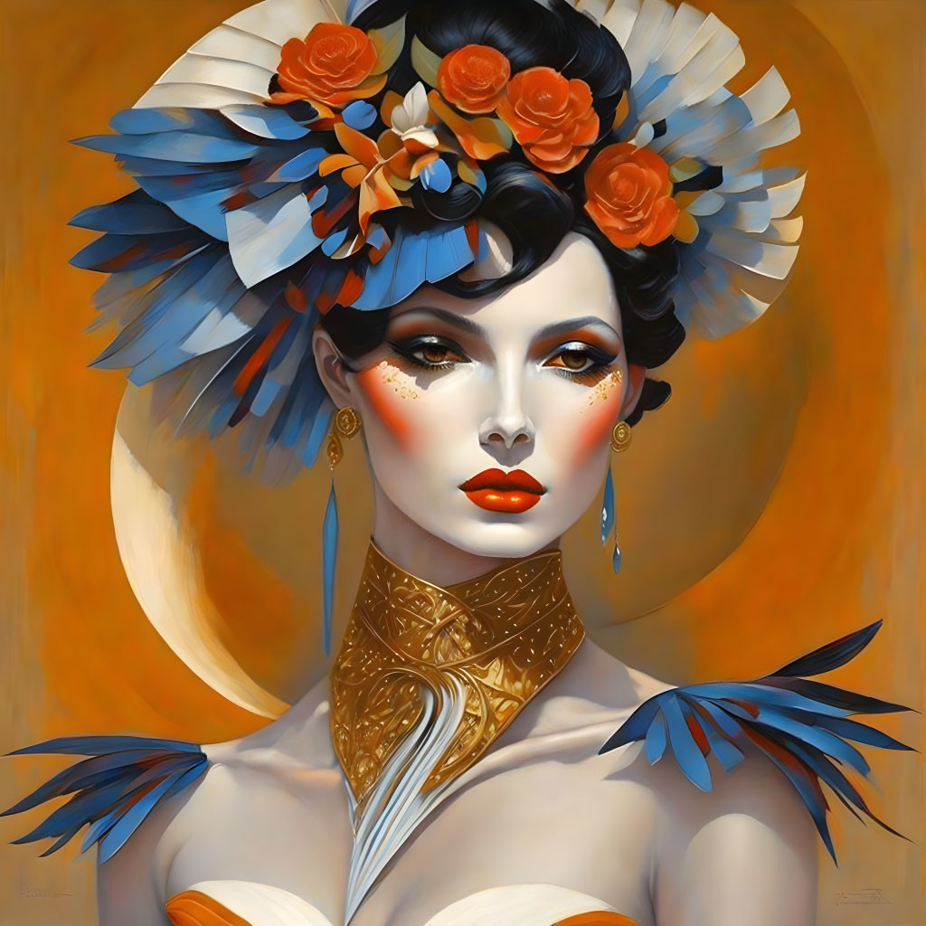 Portrait of Woman with Feathered Headdress and Floral Accessories