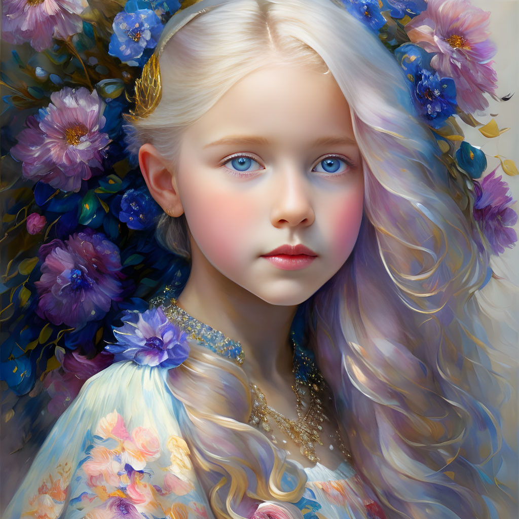 Portrait of young girl with blue eyes, blonde hair, floral dress, and dreamy aura