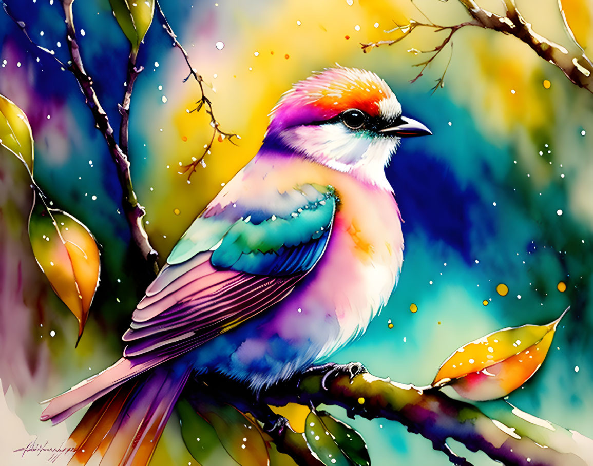 Vibrant bird illustration on branch with colorful background