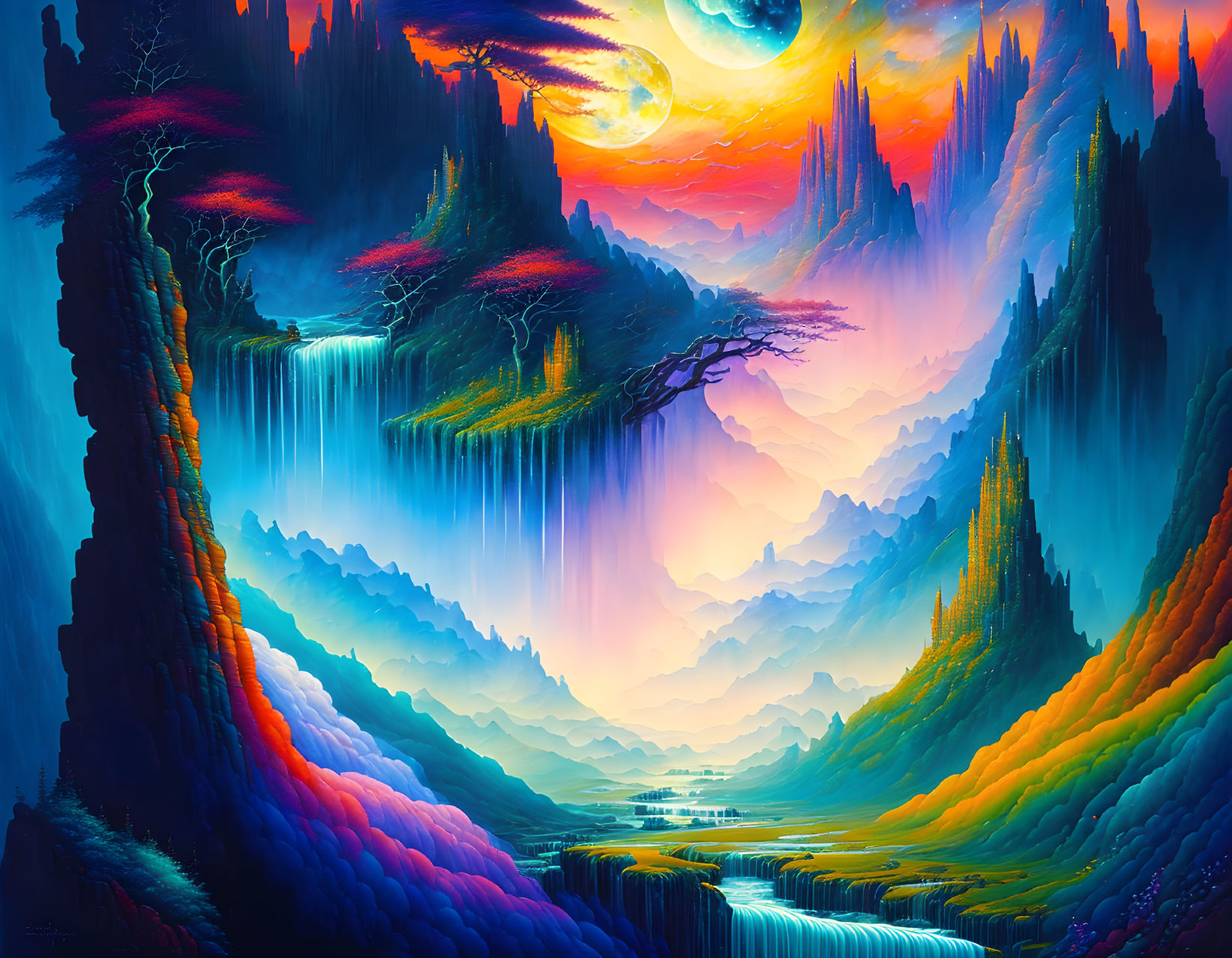 Fantastical landscape with waterfalls, islands, spires, two moons, and colorful sunset