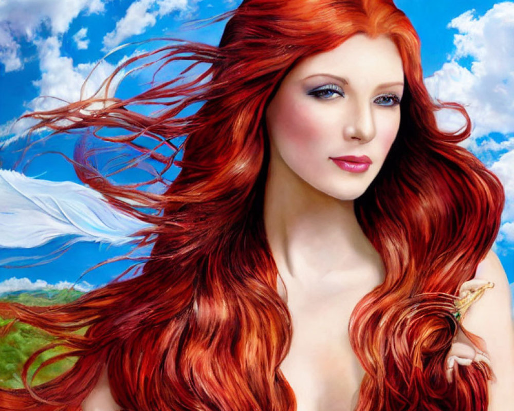 Digital Portrait of Woman with Red Hair and Blue Eyes Against Blue Sky