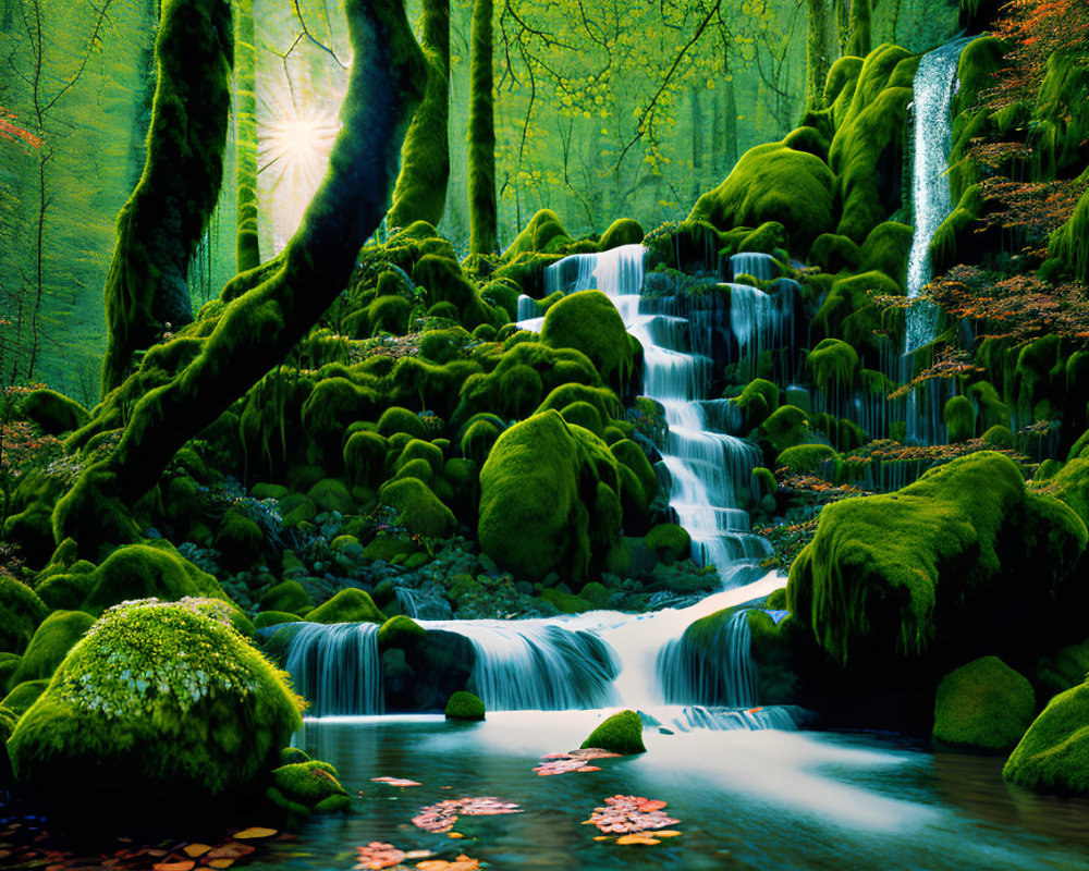 Tranquil waterfall in lush green forest