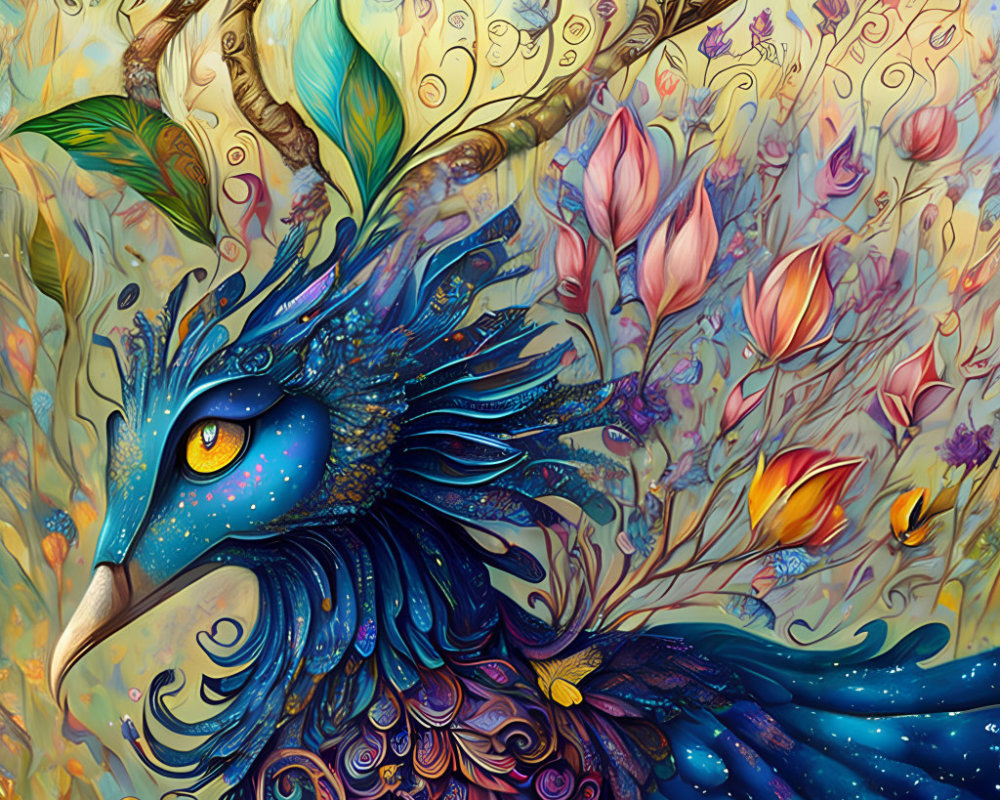 Colorful Peacock Illustration with Blue and Purple Feathers