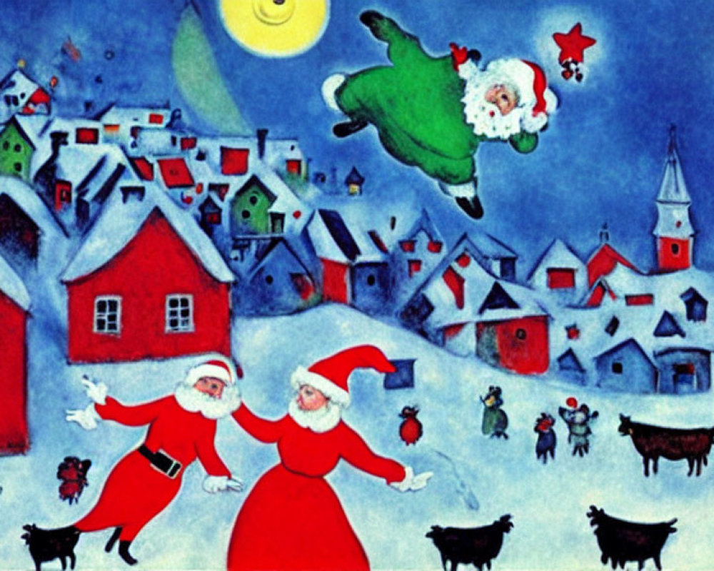 Multiple Santas in Snowy Village with Moonlit Sky and Villagers