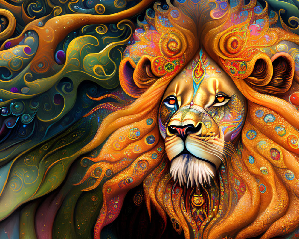 Colorful Stylized Lion Artwork with Abstract Patterns