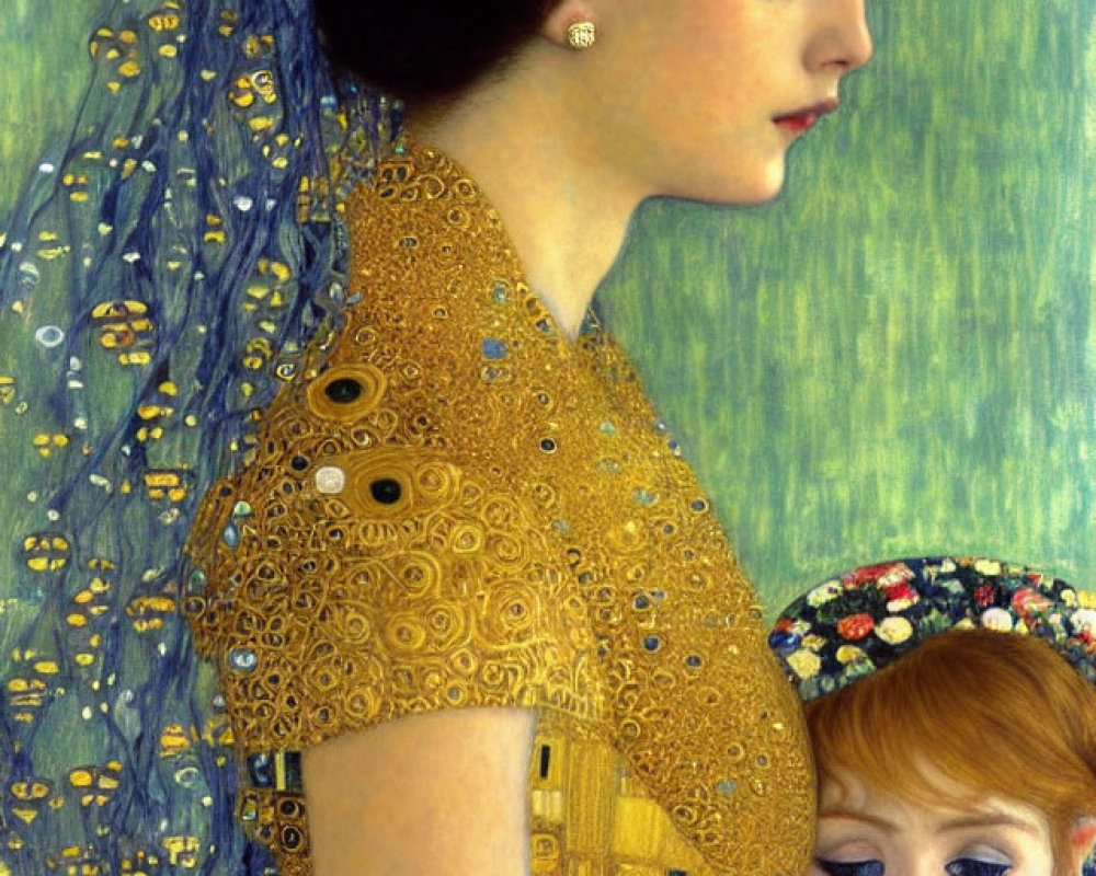 Portrait of Woman and Child in Golden Dress with Blue Veil