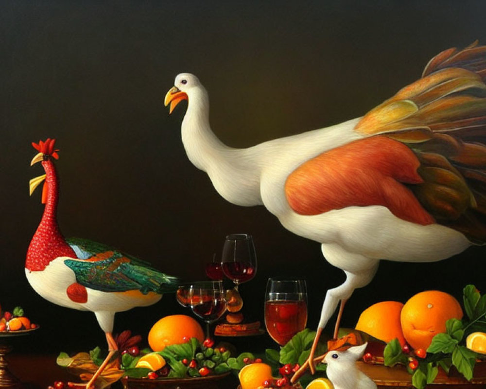 Ceramic roosters, hen, fruits, and wine glasses in still life.