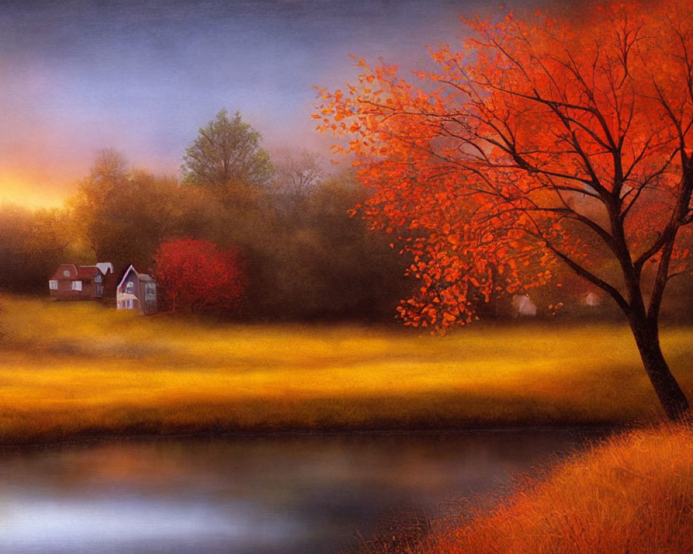 Tranquil autumn sunset scene with red tree, distant house, and river