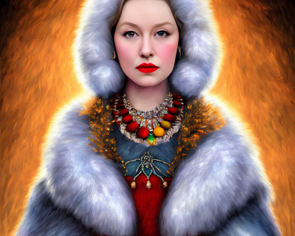 Regal woman in fur-trimmed cloak and crown with stern expression