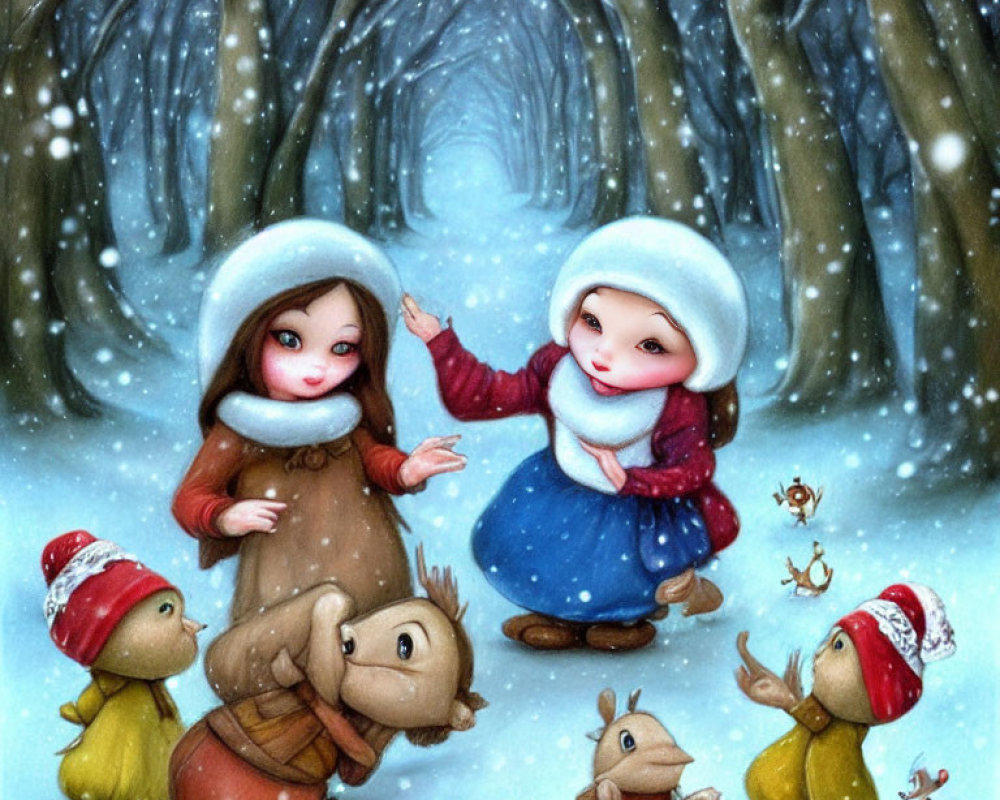 Animated girls in winter attire playing with creatures in snowy forest