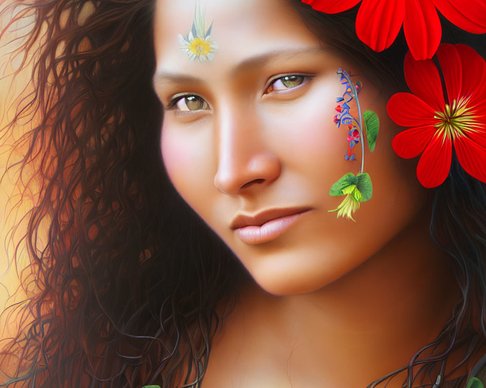 Woman with serene expression and red flowers against warm background