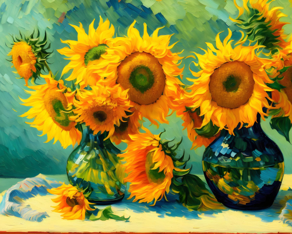 Sunflower painting with blue glass vases on table