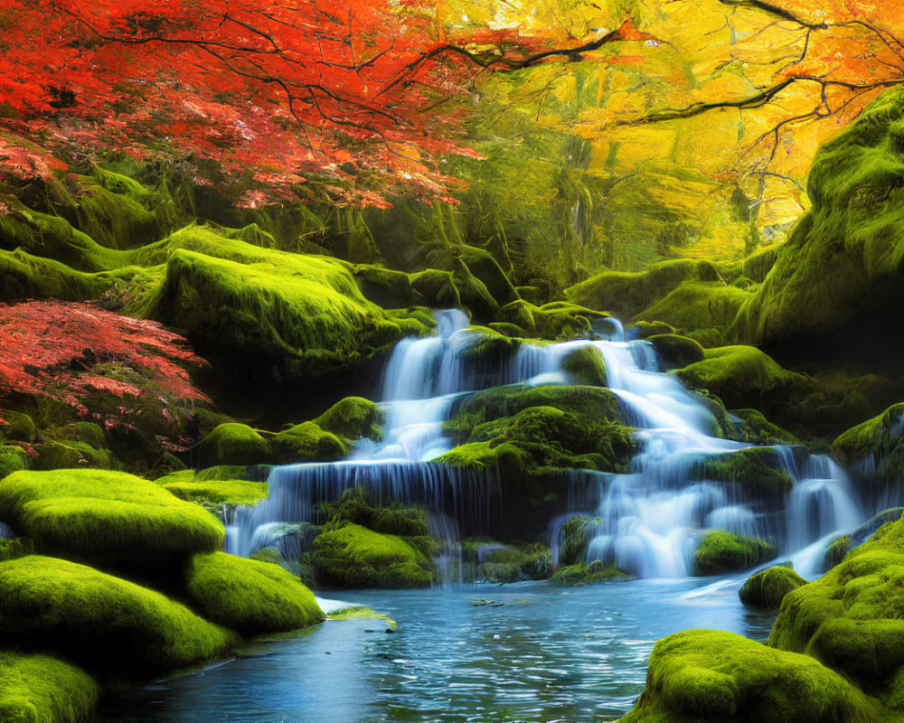 Tranquil autumn waterfall surrounded by lush greenery and moss-covered rocks