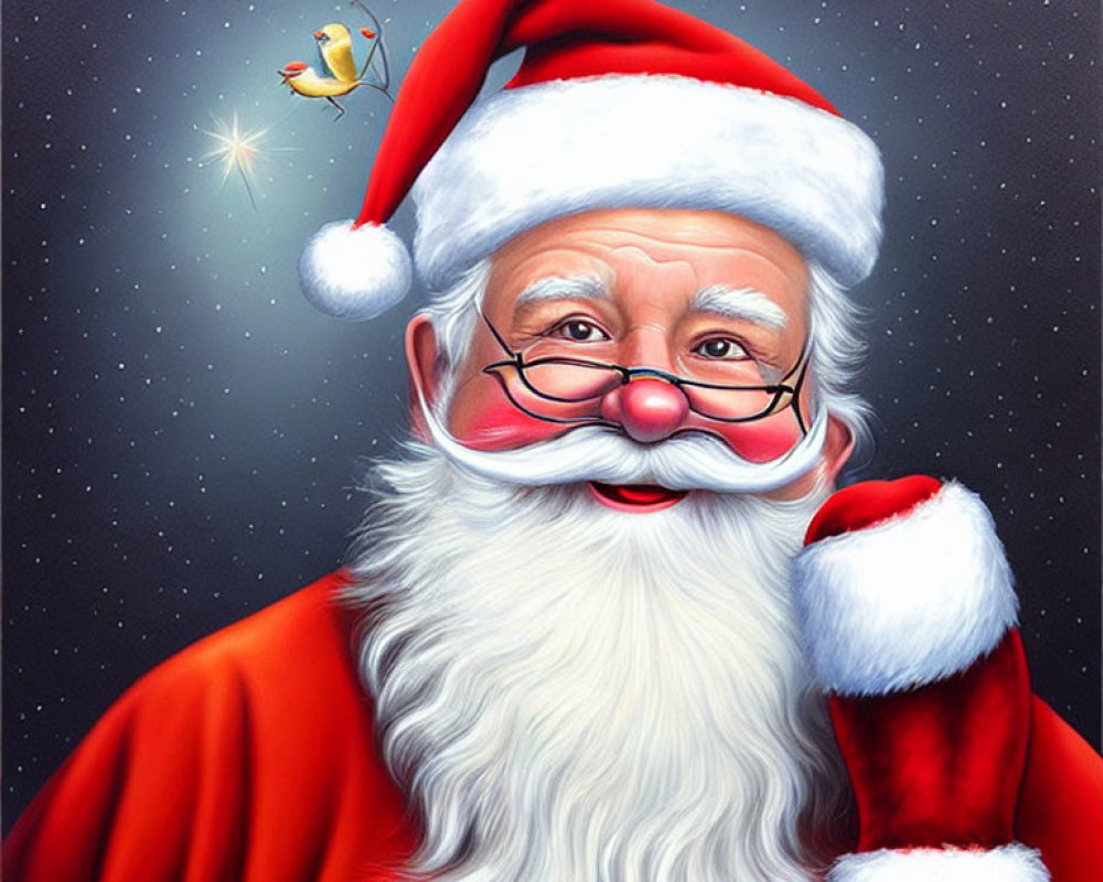 Cheerful Santa Claus with red hat and suit holding glasses, flying reindeer, star background