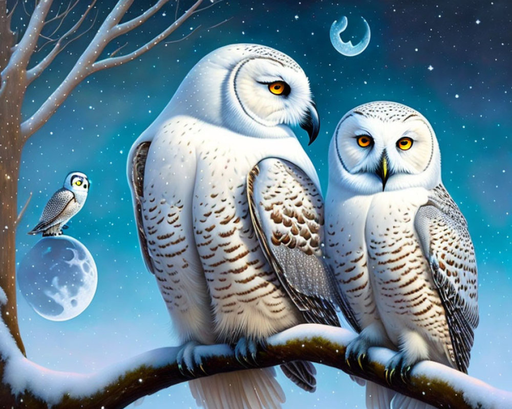 Snowy Owls on Branch with Night Sky and Crescent Moon