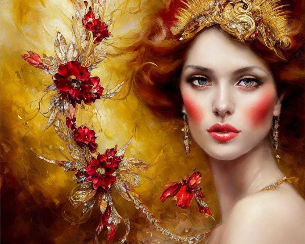 Stylized portrait of woman with golden hair and headdress on abstract background