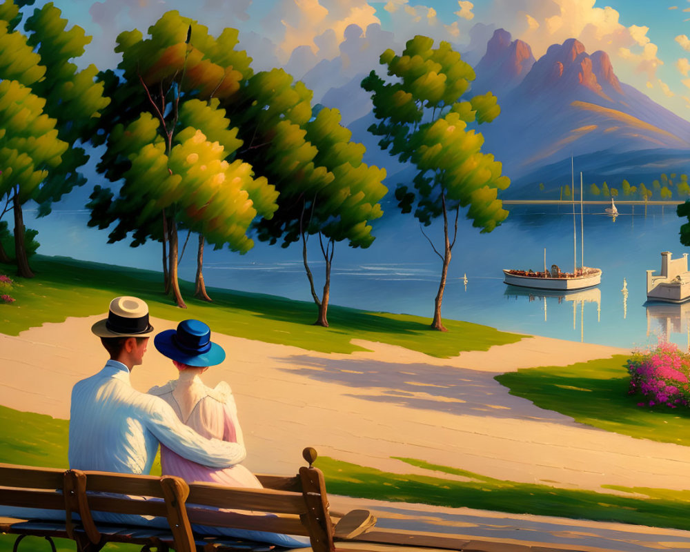 Vintage-dressed couple on bench by serene lake with boats and mountains