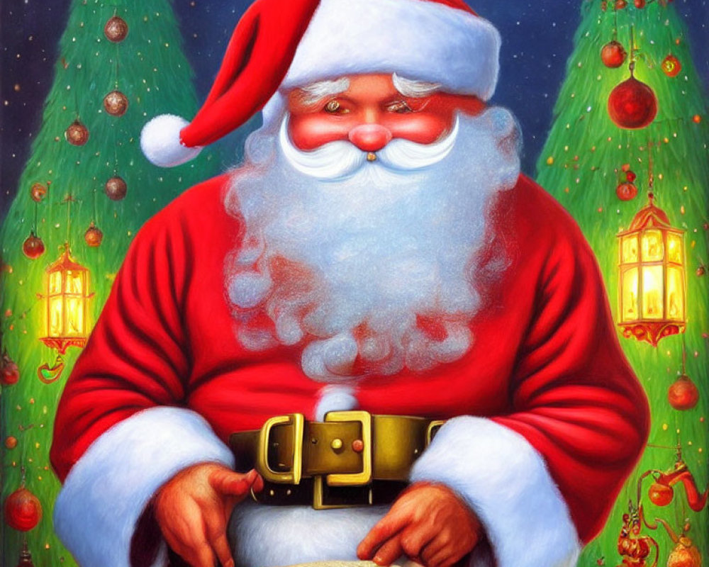 Santa Claus with white beard in red suit holding list, trees and lanterns in background