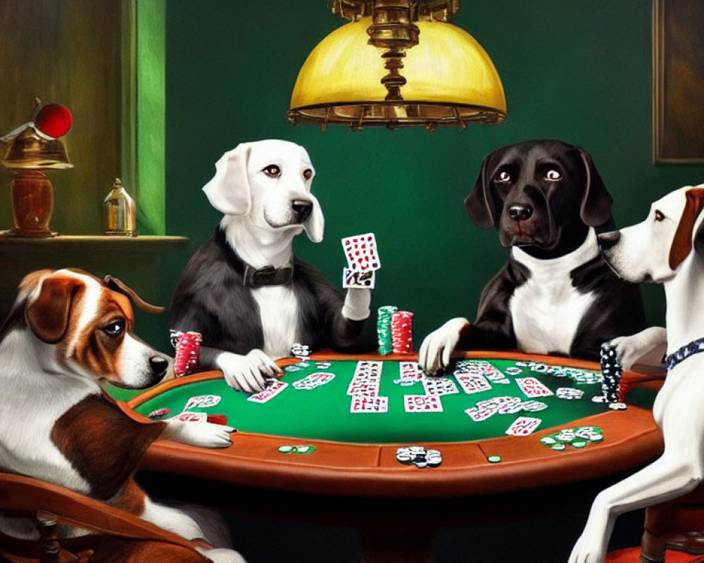 Canine poker game with cards and chips on green table