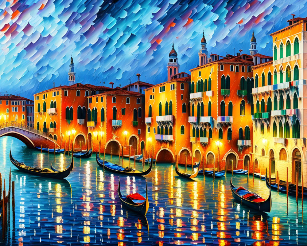 Colorful Venice cityscape with gondolas and vibrant sky