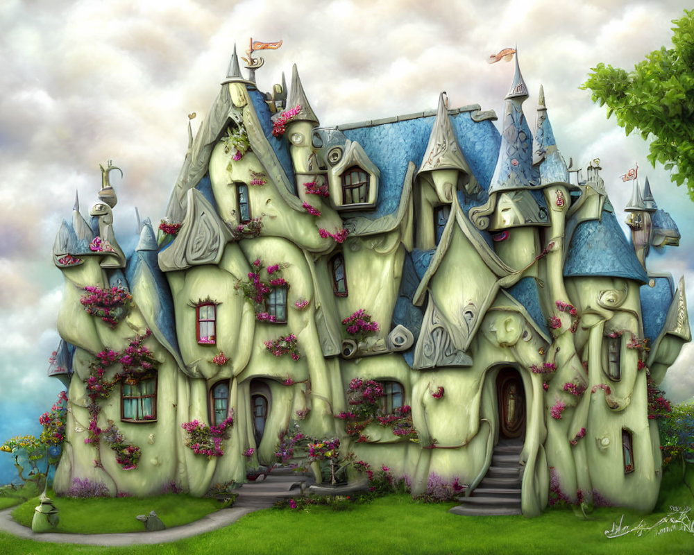 Whimsical fairytale house with green facade and pink flowers