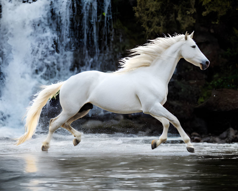 White Horse Galloping in Water with Waterfall Background