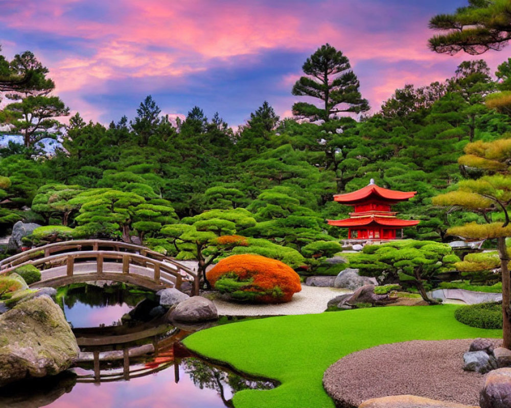 Tranquil Japanese garden with red pagoda, wooden bridge, stones, and sunset sky