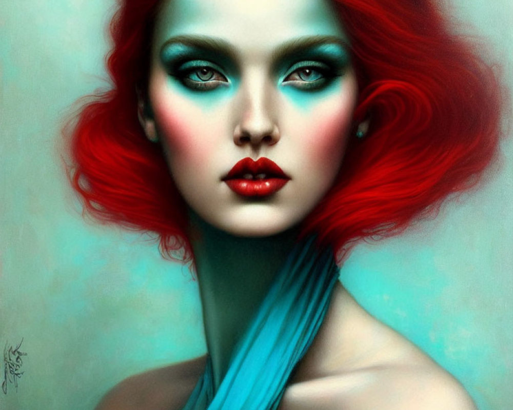 Vibrant red-haired woman with striking makeup and teal scarf portrait.