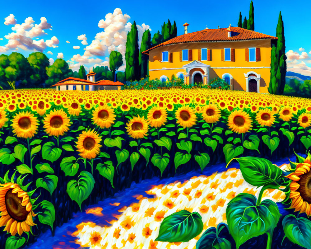 Colorful Tuscan Landscape with Sunflowers, Villa, and Cypress Trees