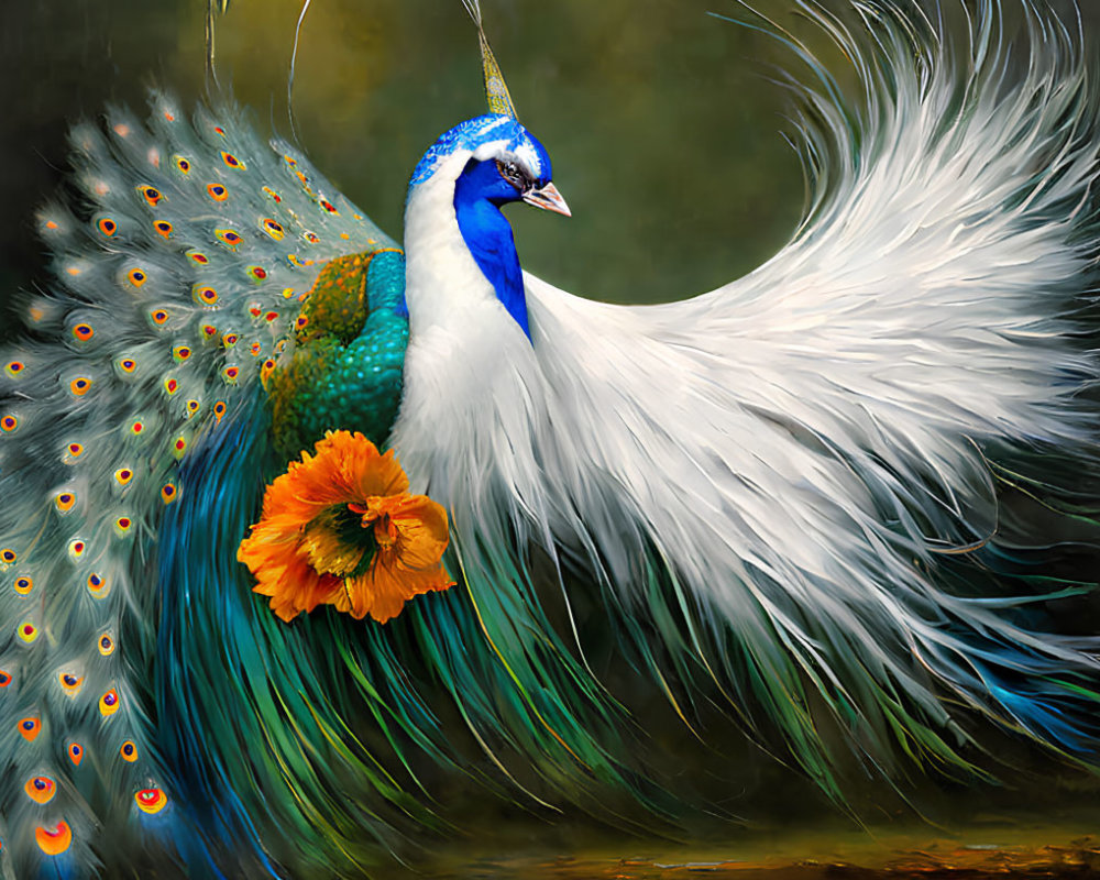 White Peacock with Vibrant Blue Neck and Tail Feathers Next to Orange Flower