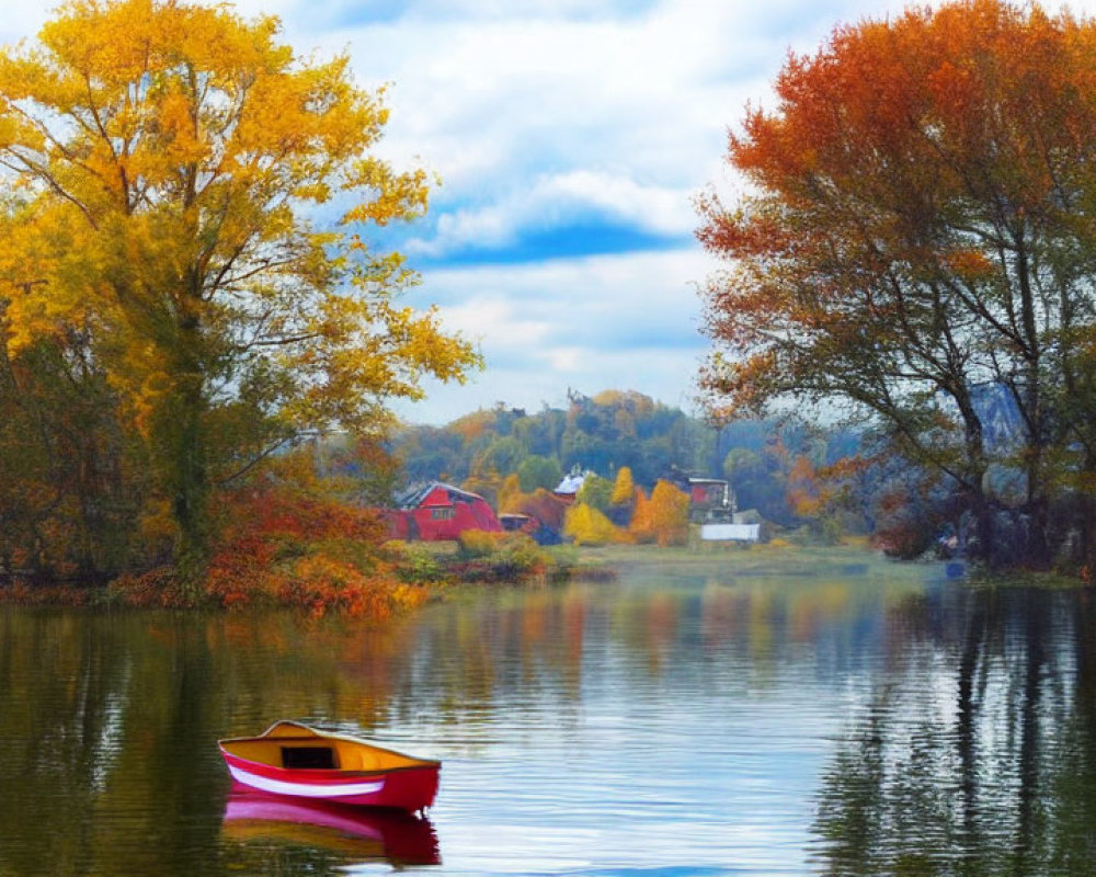 Tranquil autumn lake with vibrant trees and boat