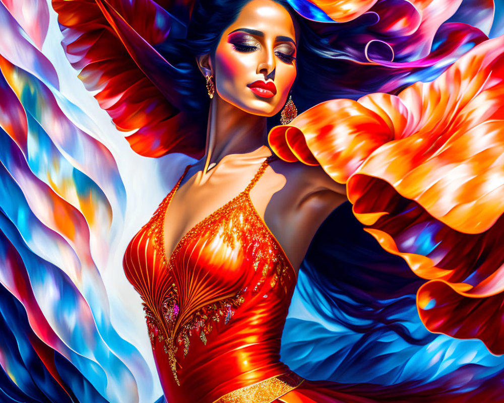 Colorful digital artwork of woman in flowing red attire with swirling blue, red, and orange patterns