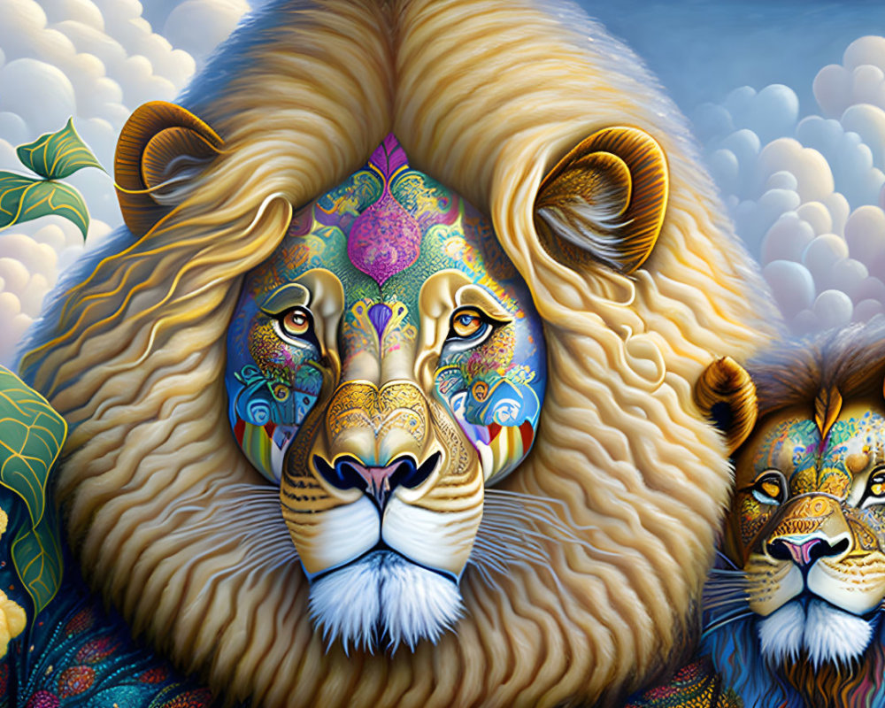 Colorful Lion Illustration Against Blue Sky and Clouds