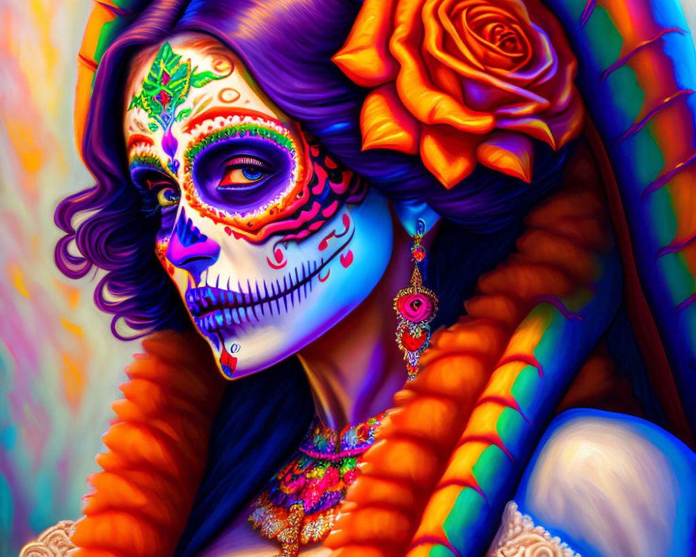 Colorful Día de Muertos makeup with skull design and orange flower.