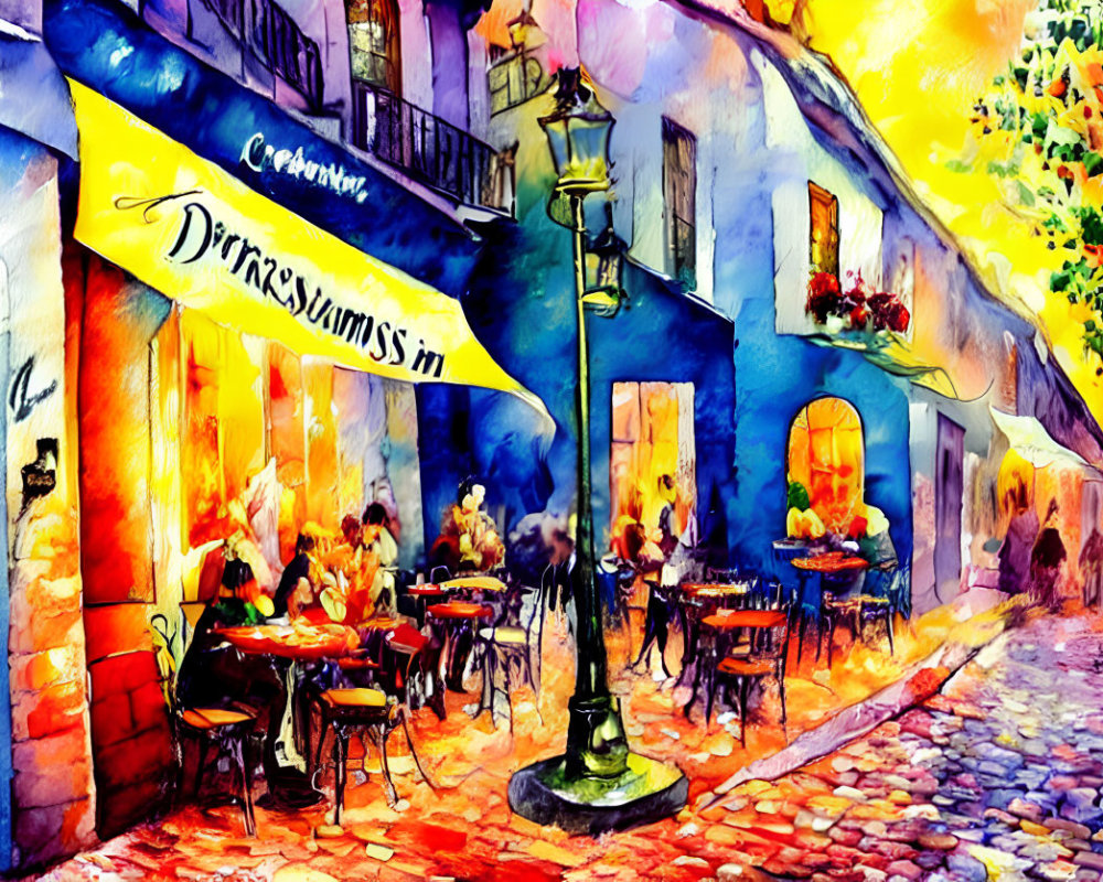 Colorful Watercolor Painting of European Street Café at Dusk