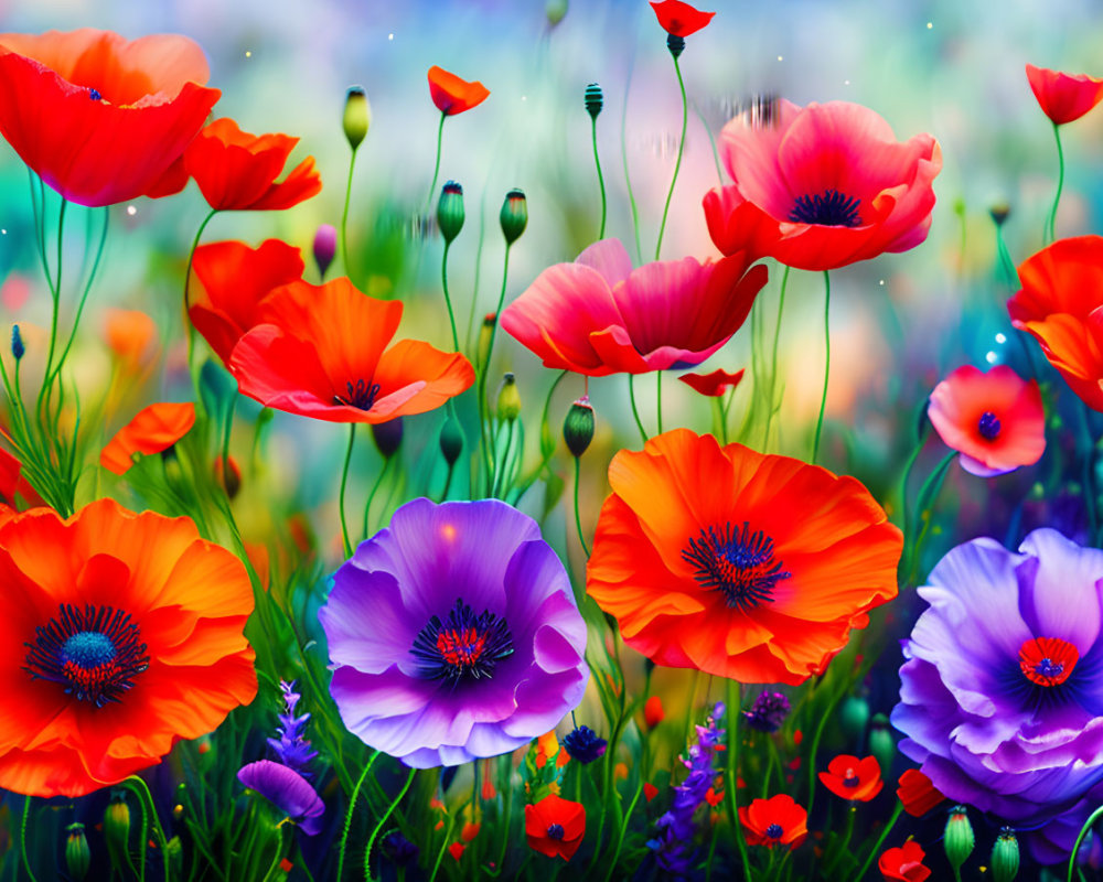 Colorful Red and Purple Poppies in Vibrant Field Against Green Background