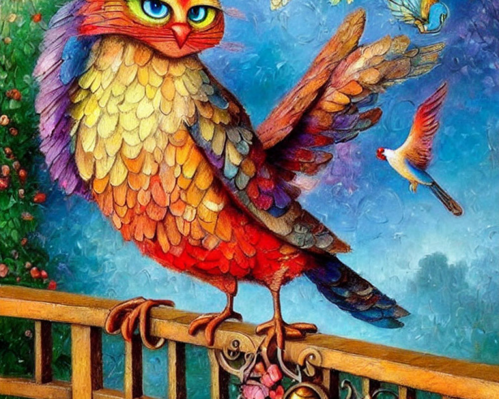 Colorful Painting of Owl-Cat Creature on Railing with Butterflies