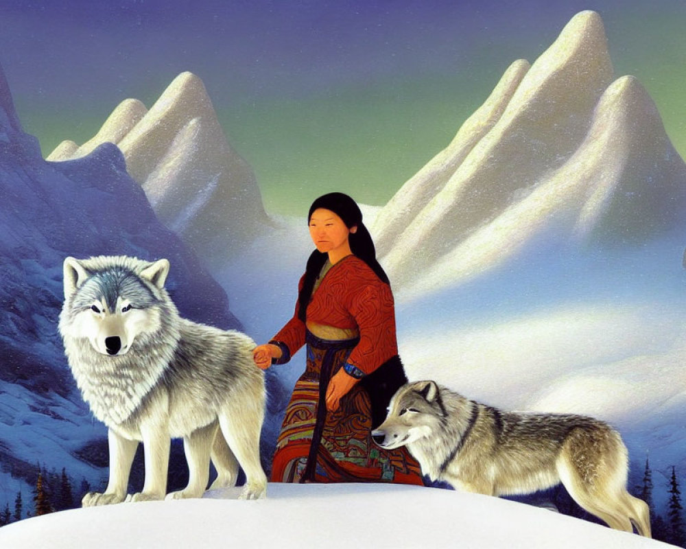 Woman in traditional attire with wolves under starry skies.