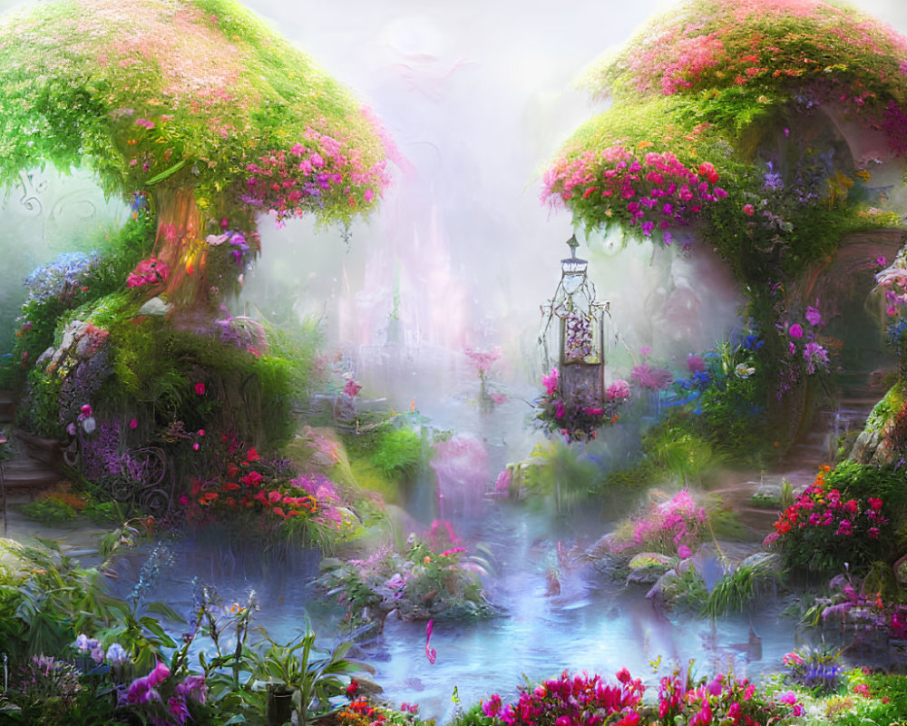 Enchanted forest with vibrant flowers, arched trees, mystical river, and lantern in foggy