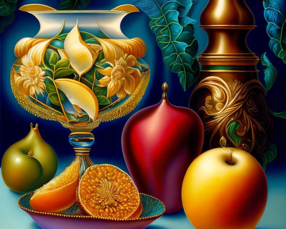 Colorful still life painting with fruits, vase, and green leaves in glossy finish