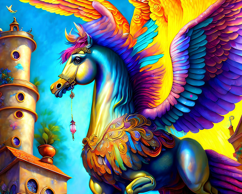 Colorful winged horse artwork with blue and orange feathers beside whimsical tower