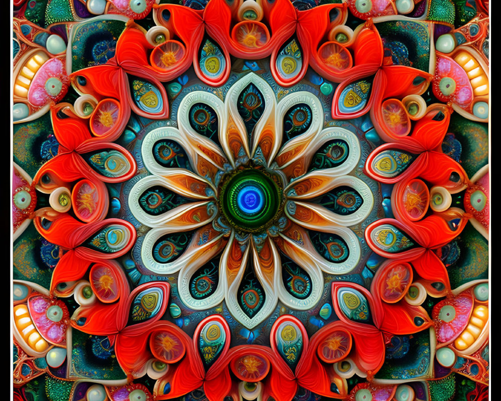 Colorful Symmetrical Digital Mandala with Orange, Teal, and Blue Patterns