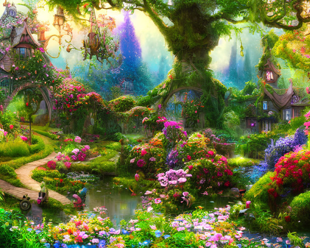 Enchanting forest scene with cottages, flowers, stream, and lush greenery