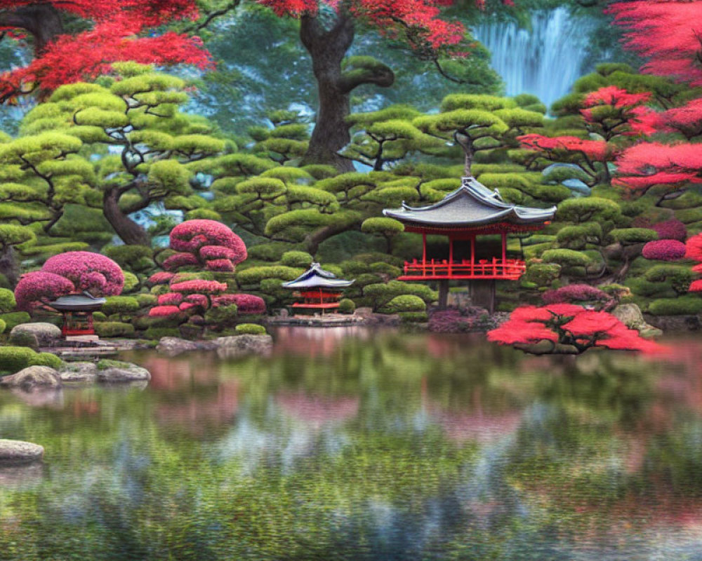 Tranquil Japanese Garden with Red and Green Trees