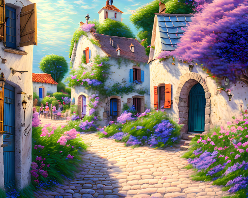 Picturesque village scene with cobblestone path, colorful flowers, white houses, and blue roofs.