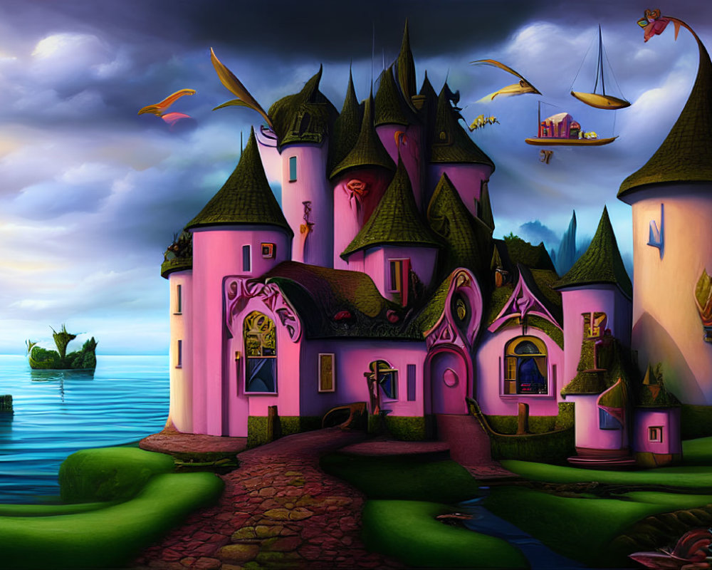 Fantastical pink castle painting with spires, flying ships, and twilight sky