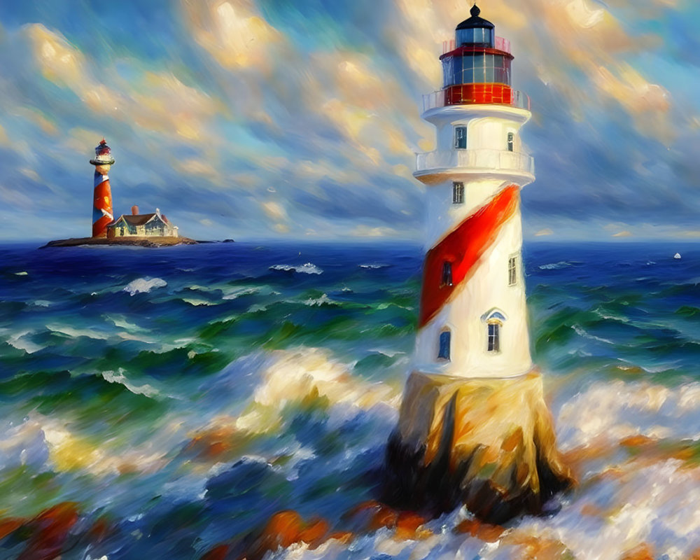 Impressionist-style painting of two lighthouses by the sea